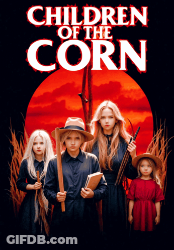 A Poster For Children Of The Corn Shows A Group Of Children Standing Next To Each Other GIF
