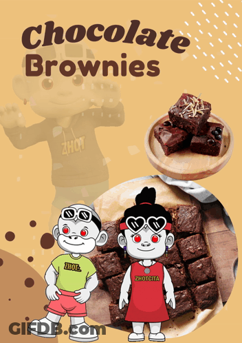 A Poster For Chocolate Brownies With A Boy And Girl GIF