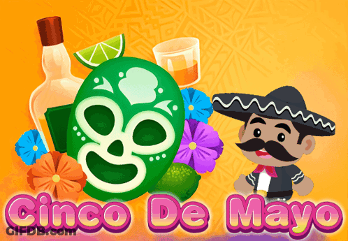 A Poster For Cinco De Mayo With A Cartoon Of A Mariachi GIF