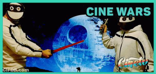 A Poster For Cine Wars Shows Two Men Holding Lightsabers GIF