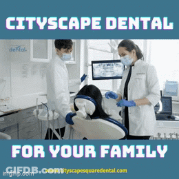 A Poster For Cityscape Dental Shows A Woman In A Dental Chair GIF