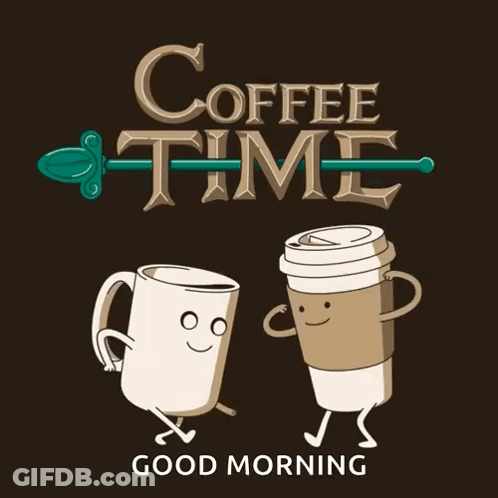 A Poster For Coffee Time Shows Two Cups Holding Hands GIF
