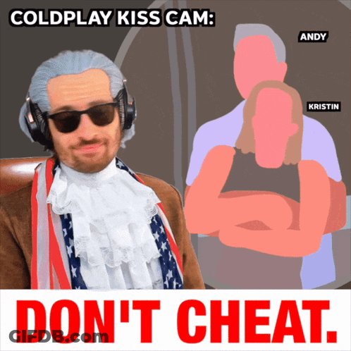 A Poster For Coldplay Kiss Cam With A Man In A Wig And Sunglasses GIF