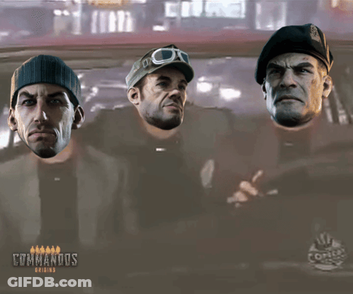 A Poster For Commandos Origins Shows Three Men In A Car GIF