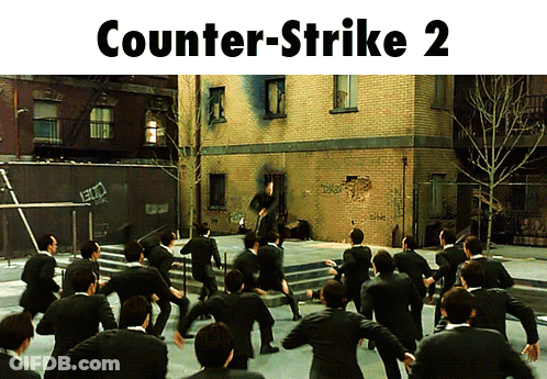 A Poster For Counter-Strike 2 Shows A Group Of Men In Suits Dancing In Front Of A Brick Building GIF