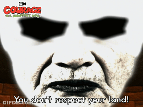 A Poster For Courage The Cowardly Dog Shows A Man With Black Eyes GIF