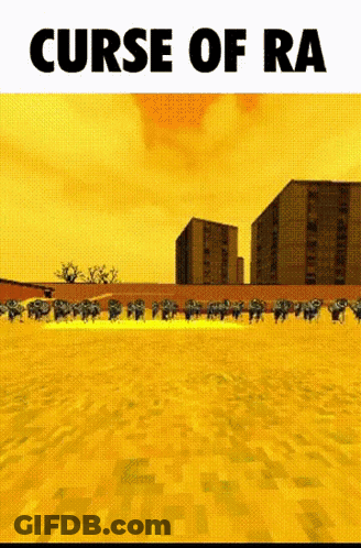 A Poster For Curse Of Ra Shows A Yellow Field With Buildings In The Background GIF