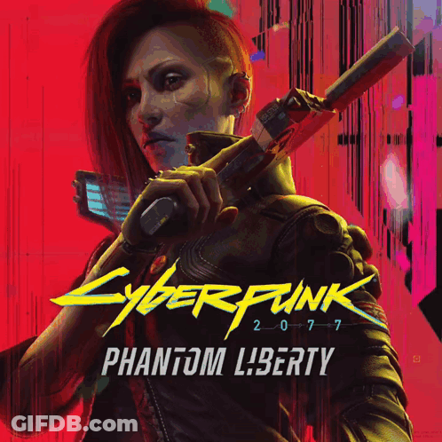 A Poster For Cyberpunk 2077 Phantom Liberty With A Woman Holding A Gun GIF
