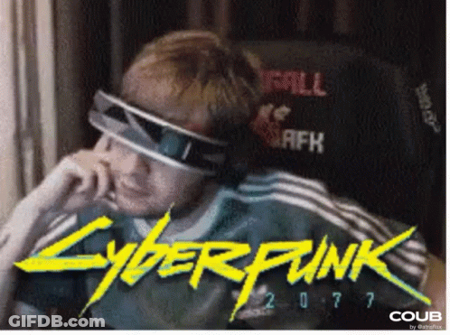 A Poster For Cyberpunk 2077 With A Man Wearing Glasses GIF