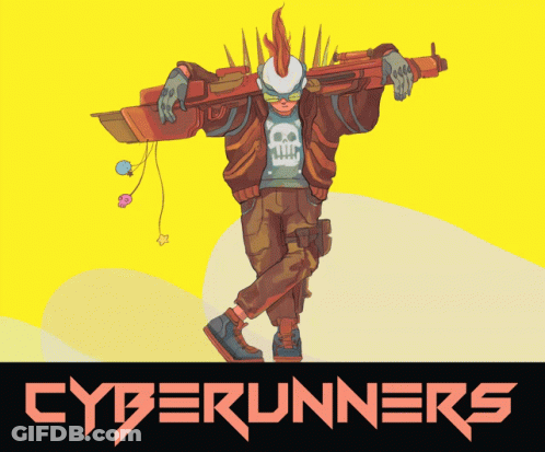A Poster For Cyberrunners Shows A Man Carrying A Rocket On His Shoulder GIF