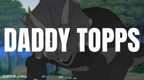 A Poster For Daddy Topps Shows A Triceratops In The Background GIF