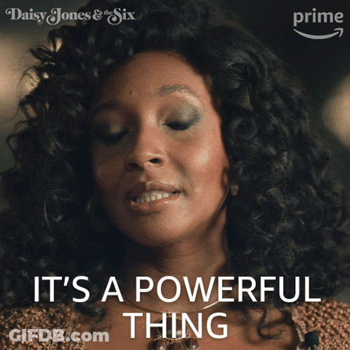 A Poster For Daisy Jones And The Six Shows A Woman With Curly Hair And The Words It 'S A Powerful Thing GIF