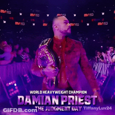 A Poster For Damian Priest Holding A World Heavyweight Champion Belt GIF