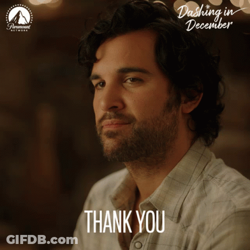 A Poster For Dash In December Shows A Man With A Beard Saying Thank You GIF