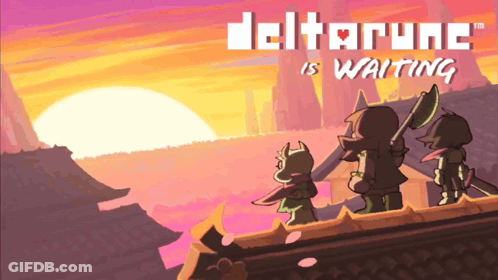 A Poster For Deltaruno Is Waiting With A Sunset In The Background GIF