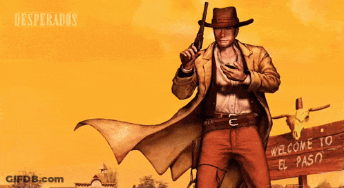 A Poster For Desperados Shows A Man Holding A Gun GIF