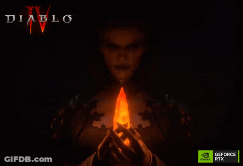 A Poster For Diablo Iv With A Woman Holding A Flame GIF