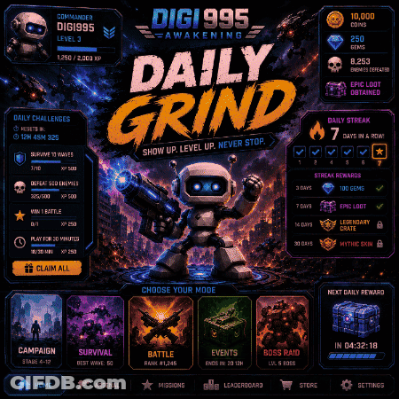 A Poster For Digi995 Awakening Daily Grind Showing A Robot With A Gun GIF