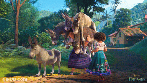A Poster For Disney Encanto Shows A Girl Standing Next To A Bunch Of Donkeys GIF