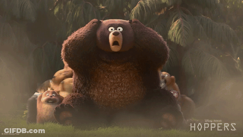 A Poster For Disney Pixar 'S Hoppers Shows A Bear Surrounded By A Bunch Of Stuffed Animals GIF