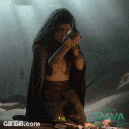 A Poster For Disney Rava The Last Dragon Shows A Woman Holding A Bottle GIF
