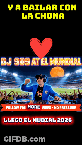 A Poster For Dj 909 At El Mundial Shows A Man In A Blue Jacket GIF