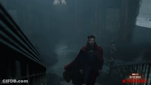 A Poster For Doctor Strange In The Multiverse Of Madness Shows A Man Walking Down A Set Of Stairs GIF