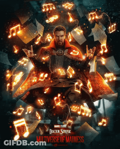 A Poster For Doctor Strange Multiverse Of Madness Shows A Man Surrounded By Music Notes GIF