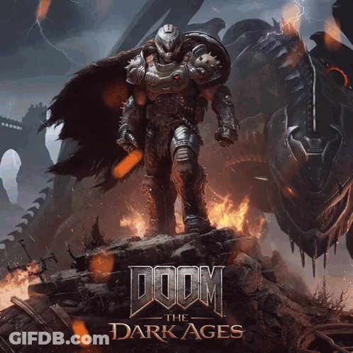 A Poster For Doom The Dark Ages With A Man In Armor GIF