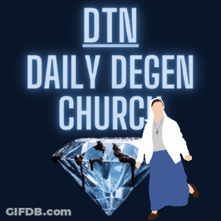 A Poster For Dtn Daily Degen Church With A Woman Standing In Front Of A Diamond GIF
