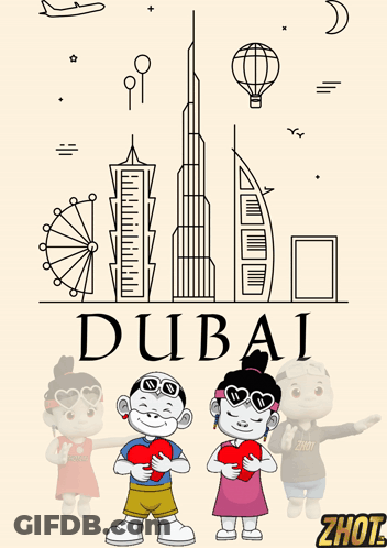 A Poster For Dubai With A Boy And Girl Holding Hearts GIF