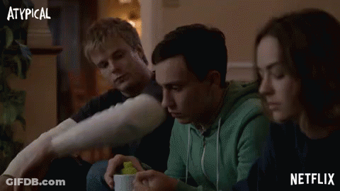 A Poster For Dude Nobody 'S Normal Shows A Group Of People Sitting On A Couch GIF