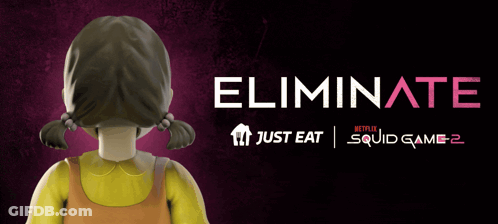 A Poster For Eliminate Squid Game 2 With A Doll On It GIF