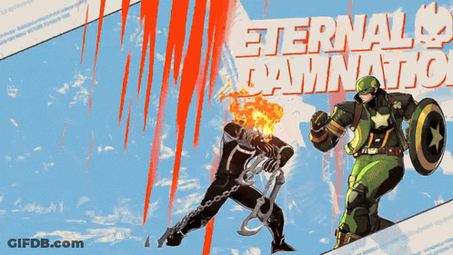 A Poster For Eternal Damnation Shows A Ghost Rider And A Captain America GIF