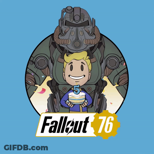 A Poster For Fallout 76 With A Robot And A Boy Holding A Cake GIF