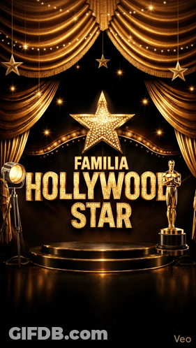 A Poster For Familia Hollywood Star With A Star And Oscar Statue GIF