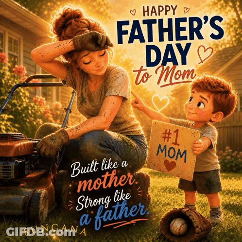 A Poster For Father 'S Day Shows A Woman And A Boy Holding A Sign That Says # 1 Mom GIF