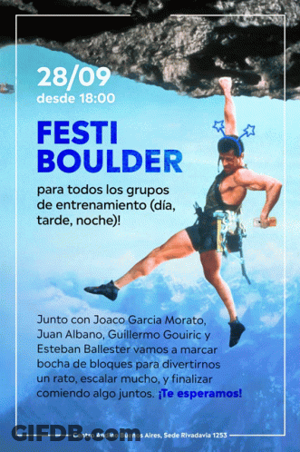 A Poster For Festi Boulder Shows A Man Climbing Up A Rock GIF