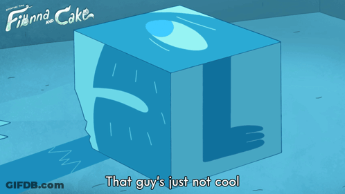 A Poster For Finna And Cake Shows A Blue Cube With A Face On It GIF