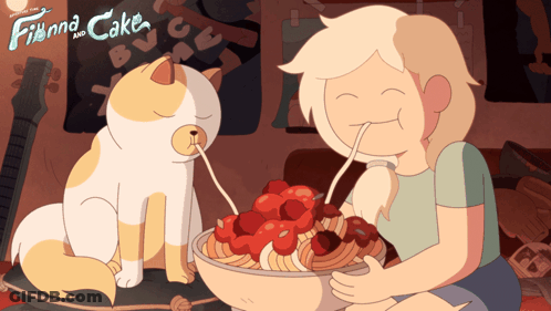 Finna And Cake Poster With Cat And Girl Eating GIF