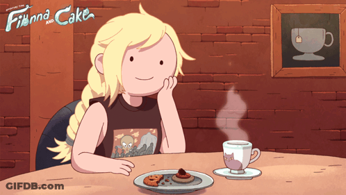 A Poster For Finna And Cake Shows A Girl Sitting At A Table With A Cup Of Tea GIF