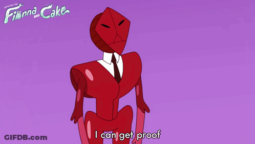 A Poster For Finna And Cake Shows A Red Robot In A Suit GIF
