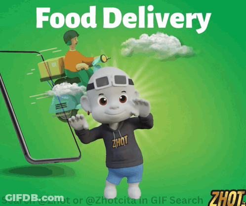 A Poster For Food Delivery With A Cartoon Character In Front Of A Cell Phone GIF