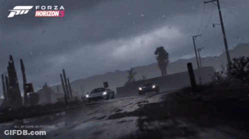 A Poster For Forza Horizon 5 Shows Two Cars On A Road GIF