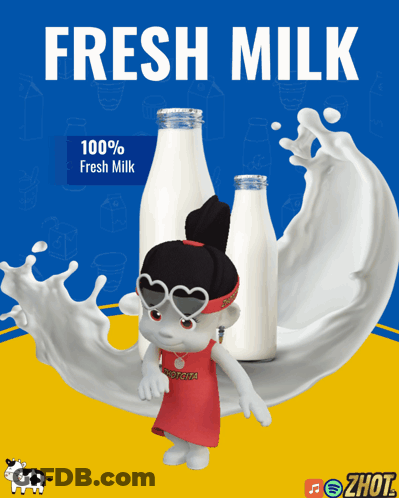 A Poster For Fresh Milk With A Cartoon Character GIF