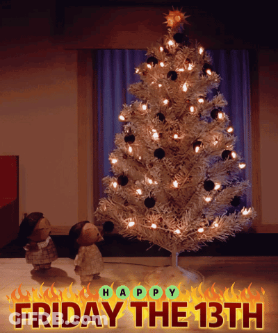 A Poster For Friday The 13Th With A Christmas Tree In The Background GIF