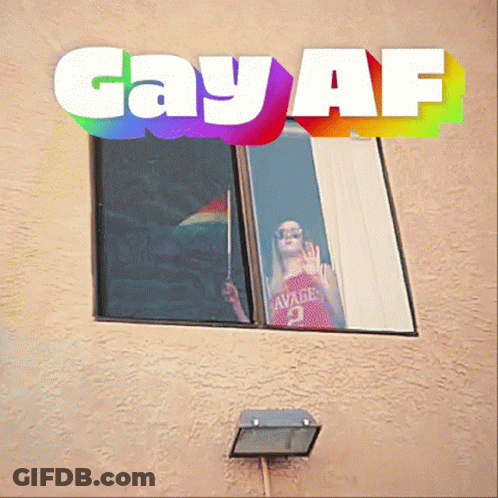 A Poster For Gay Af Shows A Woman In A Savage Jersey Looking Out Of A Window GIF