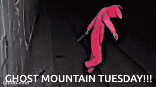 A Poster For Ghost Mountain Tuesday With A Person In A Pink Onesie GIF