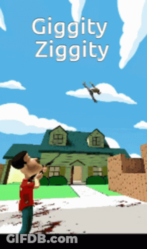 A Poster For Giggity Ziggity With A Man Holding A Gun GIF