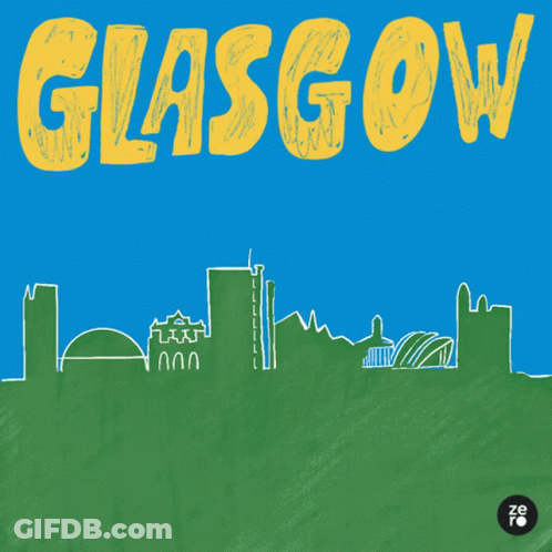 A Poster For Glasgow Or Bust With A Drawing Of A City Skyline GIF